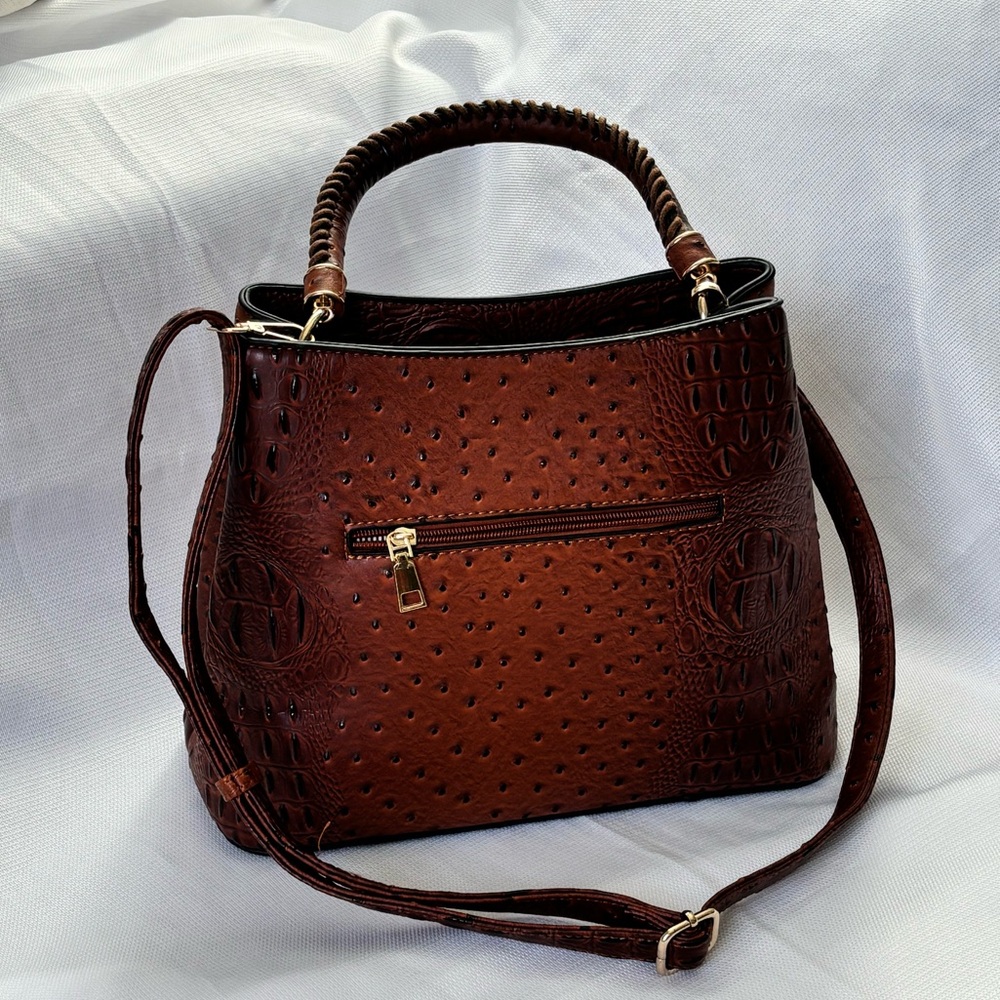 Faux Ostrich and Crocodile burnt brown Vegan Satchel Handbag Unbranded